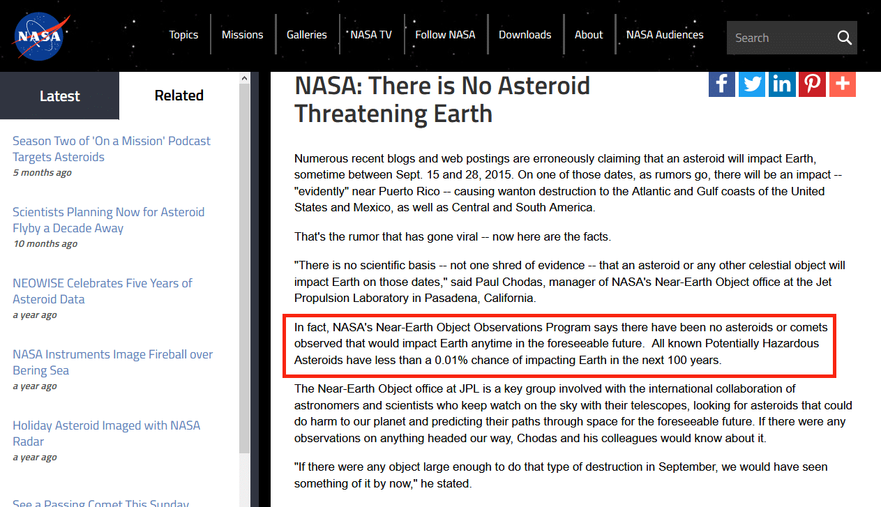 صورة من موقع ناسا الرسمي تؤكد فيه أنّ نسبة اصطدام أيّ كويكب بالأرض خلال القرن القادم أقلُّ من 0.01%