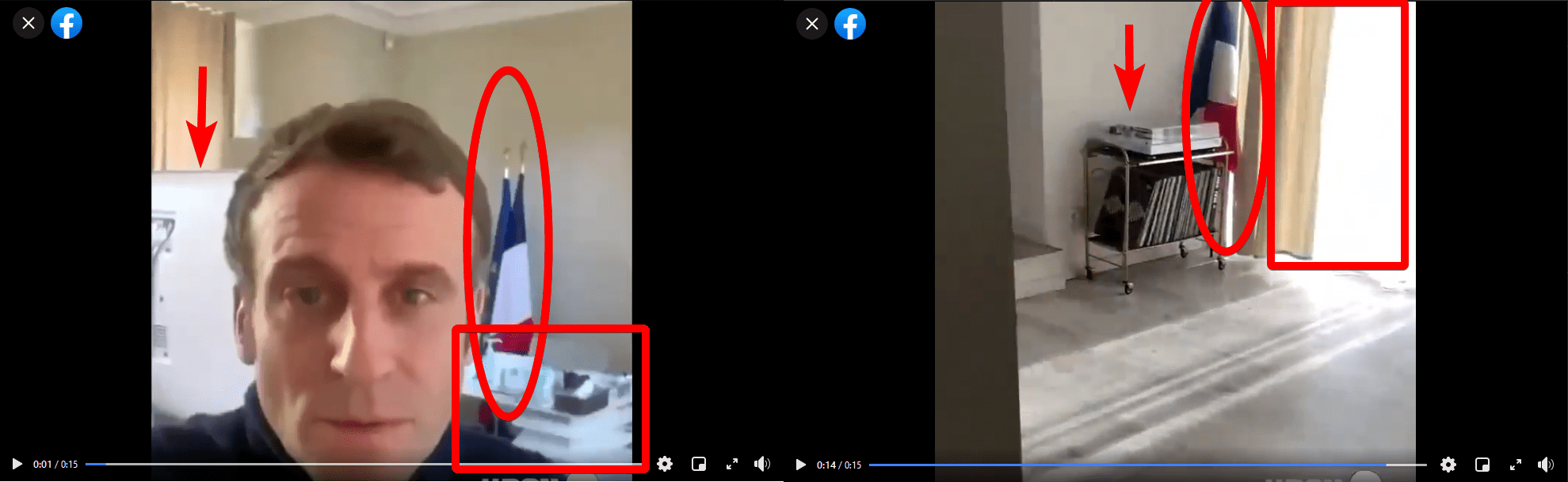 مقارنة بين بداية المقطع ونهايته تظهر الإختلاف في الخلفية ما يثبت أن المقطع مفبرك.