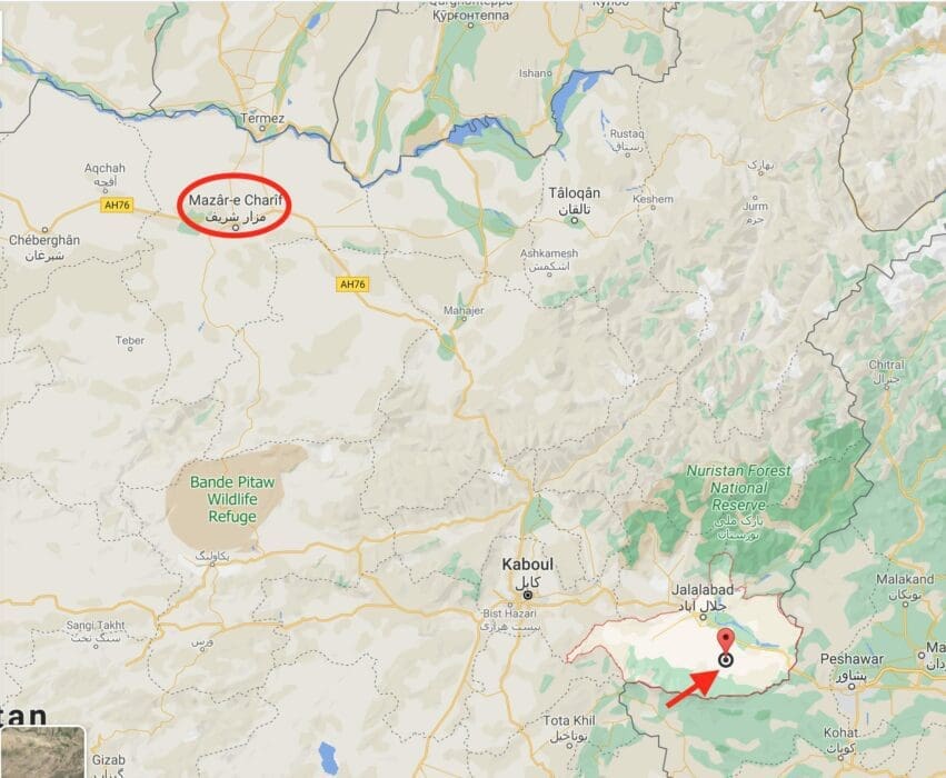 خريطة توضح مكان التقاط الصورة في مزار الشريف والمنطقة التي عمل فيها الدكتور ناكامورا