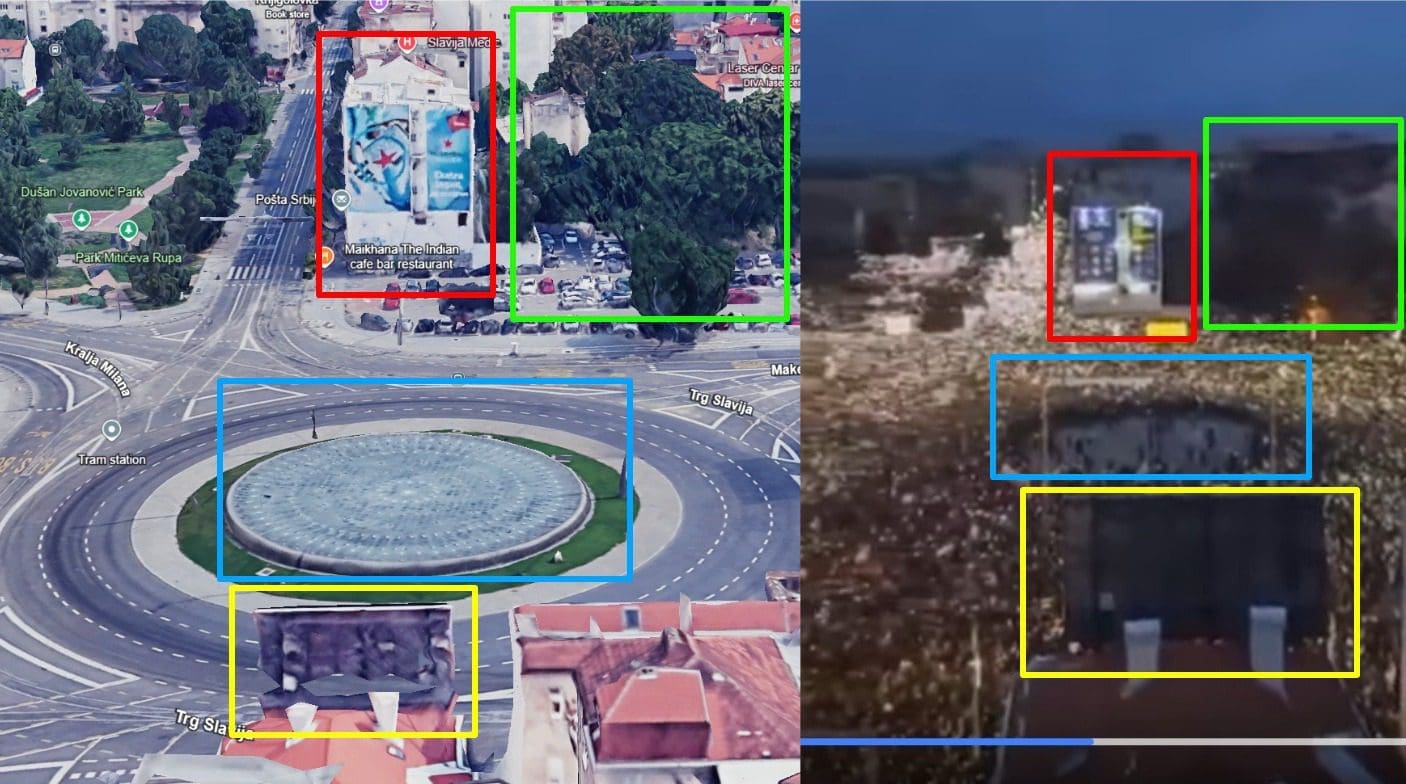 مطابقة بين لقطة ثابتة من مقطع الادعاء (يمين)، مع صورة لميدان سلافيا من خرائط جوجل (يسار)
