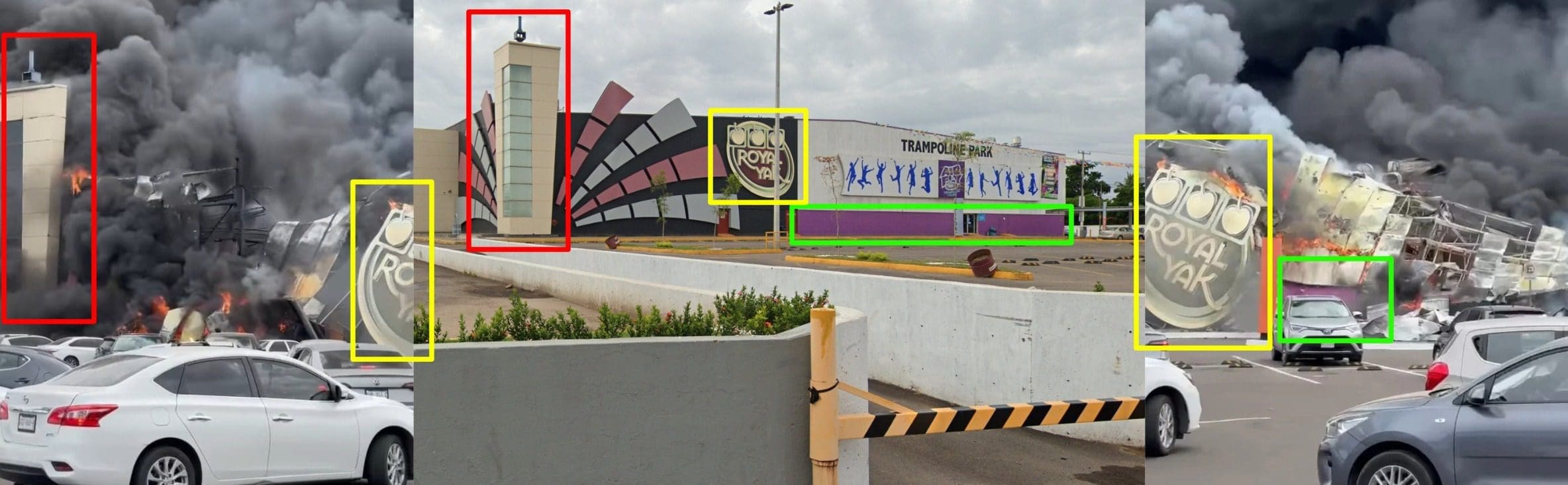 لقطة شاشة من مقطع الادعاء (يمين-يسار)، مقارنة مع لقطة شاشة من خرائط جوجل (وسط) - المكسيك