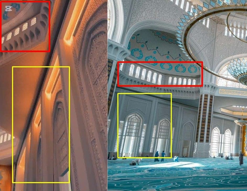 مطابقة بين صورة من مسجد أستانا (يمين)، مع لقطة ثابتة من مقطع الادعاء (يسار)