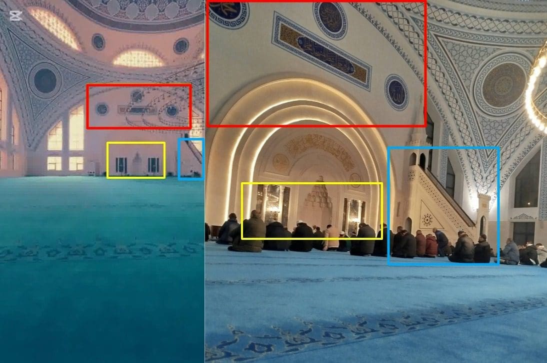 مطابقة بين صورة من مسجد السلطان محمد الفاتح في جامعة طرابزون (يمين)، مع لقطة ثابتة من مقطع الادعاء (يسار)