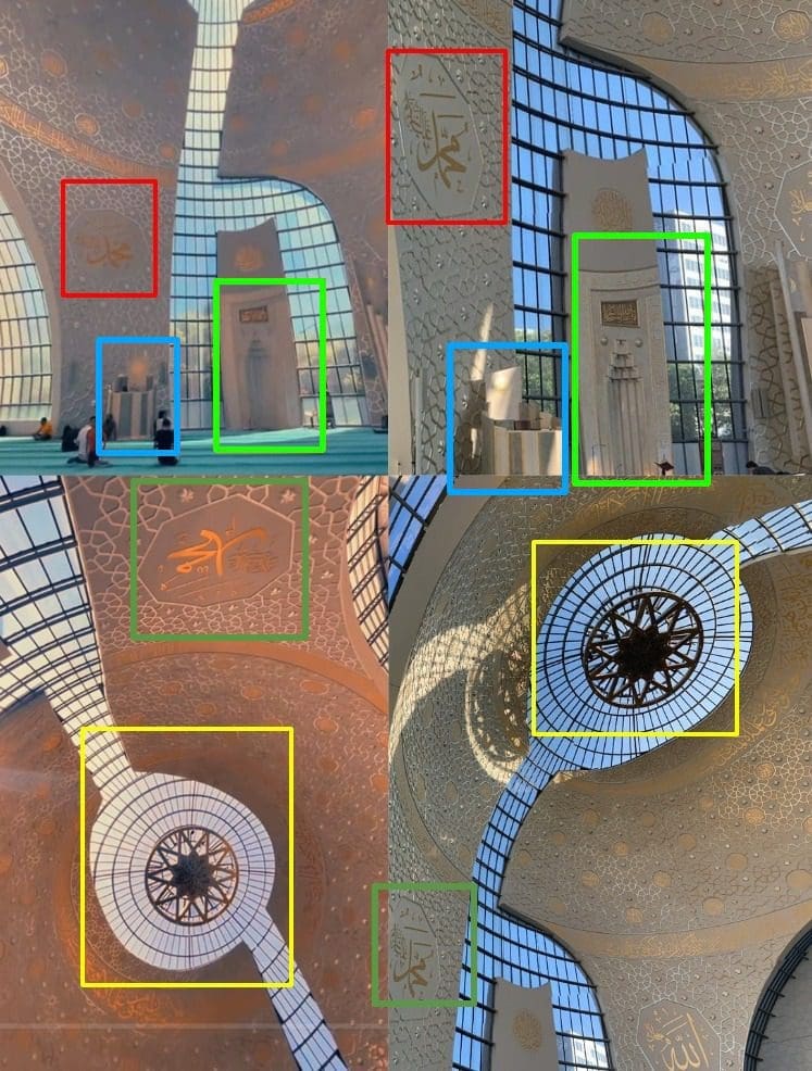 مطابقة بين صورتين من مسجد كولن (يمين) ، مع لقطتين ثابتتبن من مقطع الادعاء (يسار)