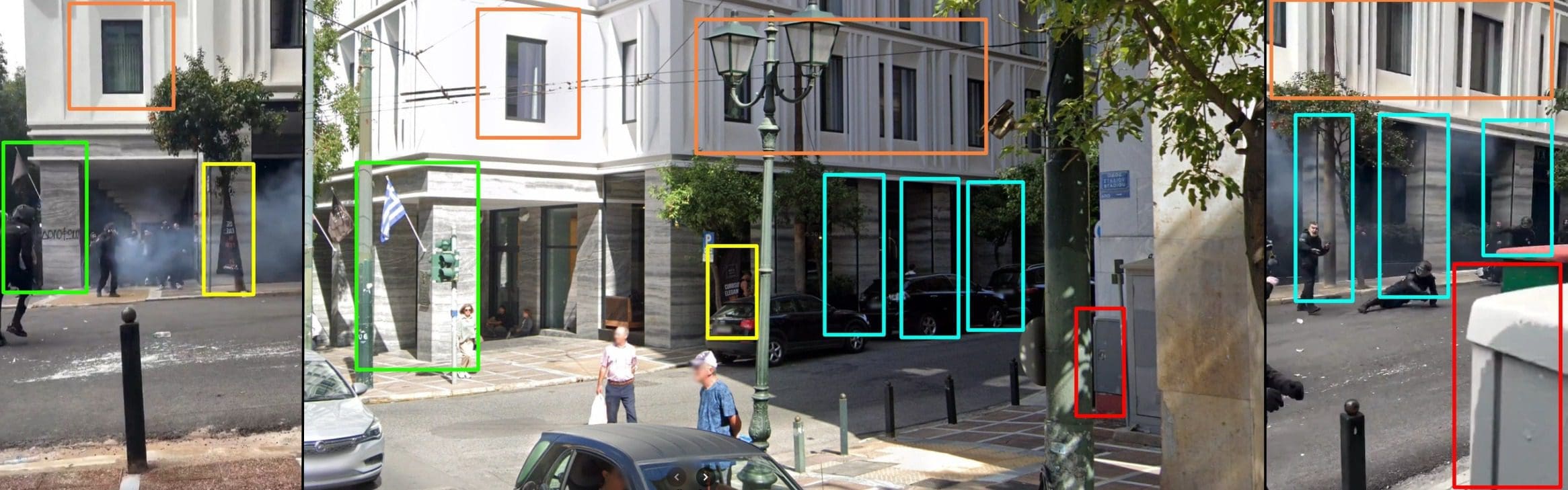 لقطة شاشة من مقطع الادعاء (يمين-يسار)، مقارنة مع لقطة شاشة من خرائط جوجل (وسط) - احتجاجات في اليونان