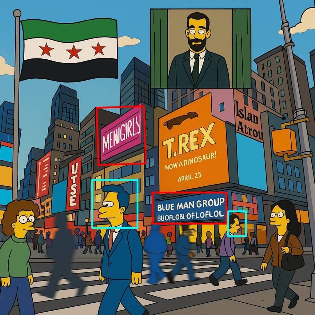 صورة توضح التشوهات في ملامح الشخصيات، والكلمات الغير مفهومة في اللافتات الإعلانية - سوريا 2029