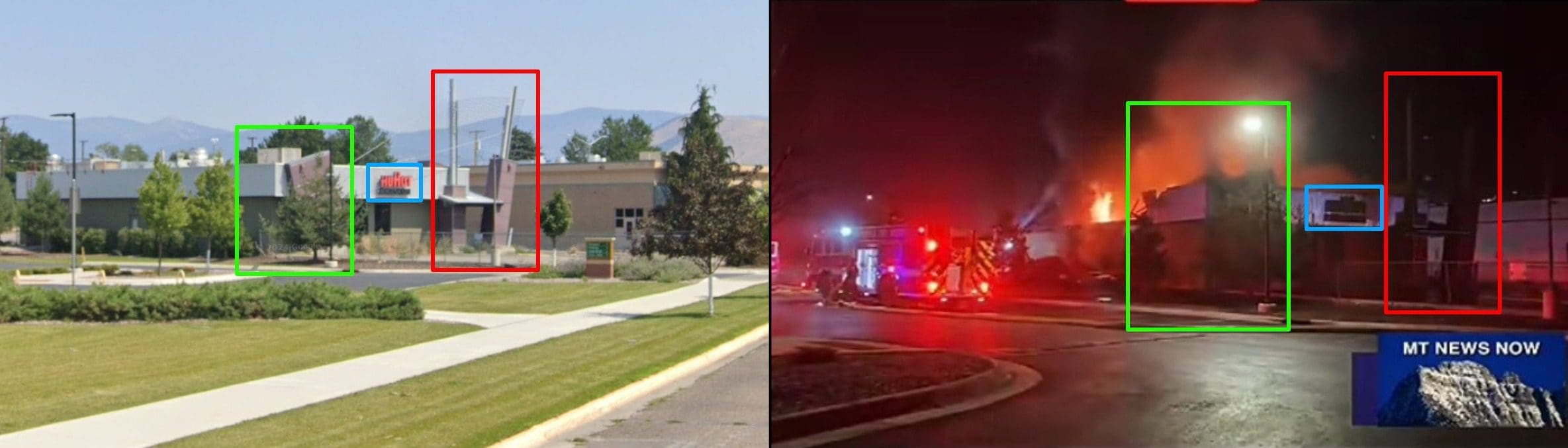 لقطة شاشة من مقطع الادعاء (يمين)، مقارنة مع لقطة شاشة من خرائط جوجل (يسار) - مقتل نتنياهو