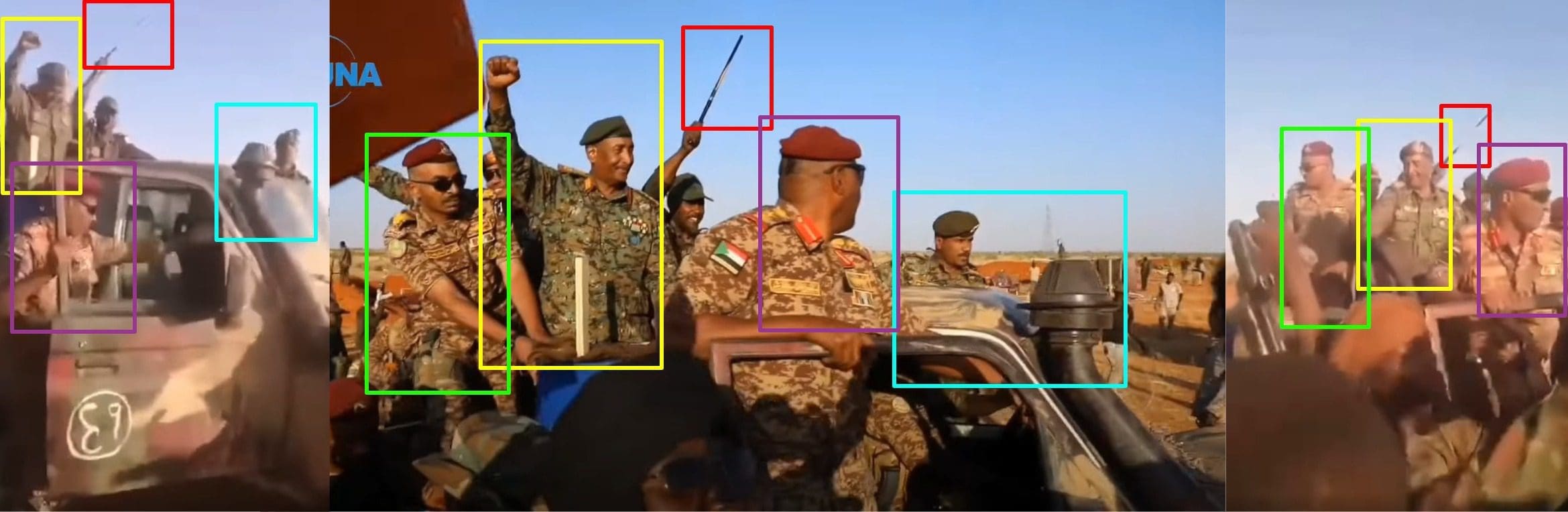 مقارنة لقطتي شاشة من مقطع الادعاء (يمين - يسار)، مع لقطة شاشة من مقطع وكالة السودان للأنباء - متحرك صياد