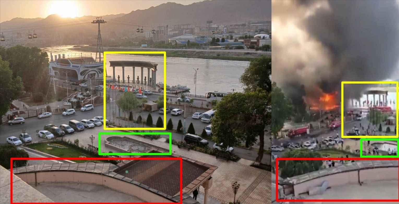 صورة لمطابقة المعالم الظاهرة في مقطع الادعاء مع صورة من خرائط جوجل - طاجكستان