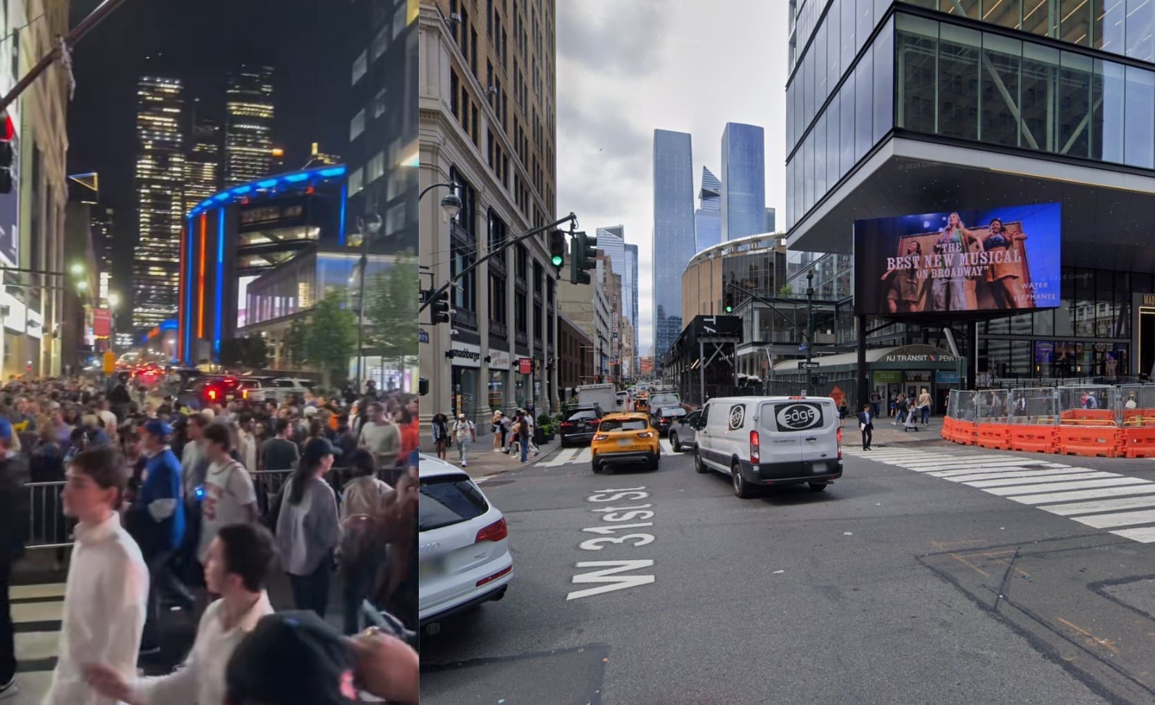 صورة مطابقة معالم Madison Suare Garden من خرائط جوجل (يمين)، مع المعالم الظاهرة في المقطع (يسار) - قافلة الصمود