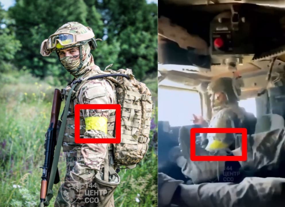 صورة لمطابقة الشارة على ذراع الجندي في مقطع الادعاء (يمين)، مع الشارة على ذراع جندي أوكراني (يسار) - أوكرانية