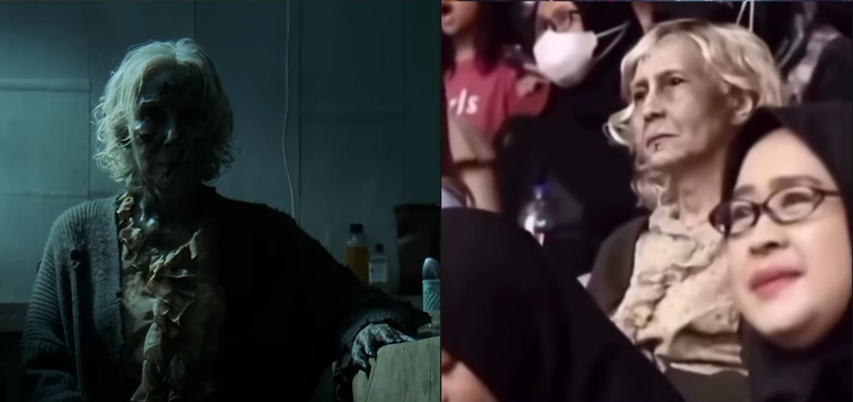 صورة لمطابقة الشخصية الظاهرة في مقطع الادعاء (يمين)، مع الفيديو الترويجي للفيبم (يسار)