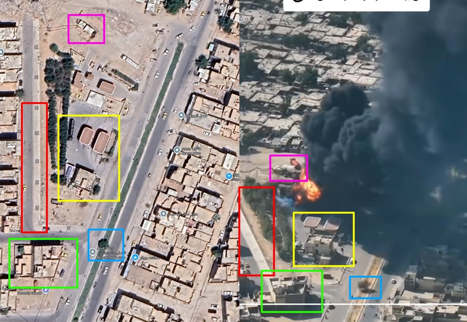 صورة مطابقة لقطة ثابتة من مقطع الادعاء (يمين)، مع صورة لمحطة وقود الغاضرية في كربلاء (يسار)