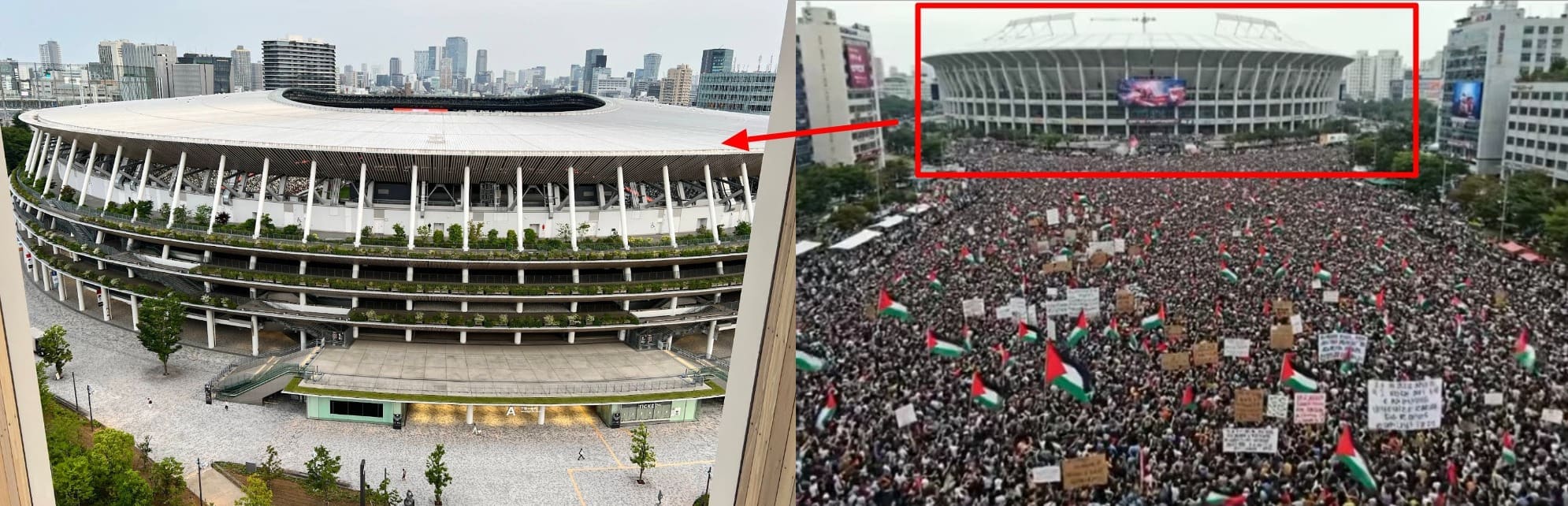 صورة مقارنة للملعب الظاهر في مقطع الادعاء مع ملعب اليابان الوطني