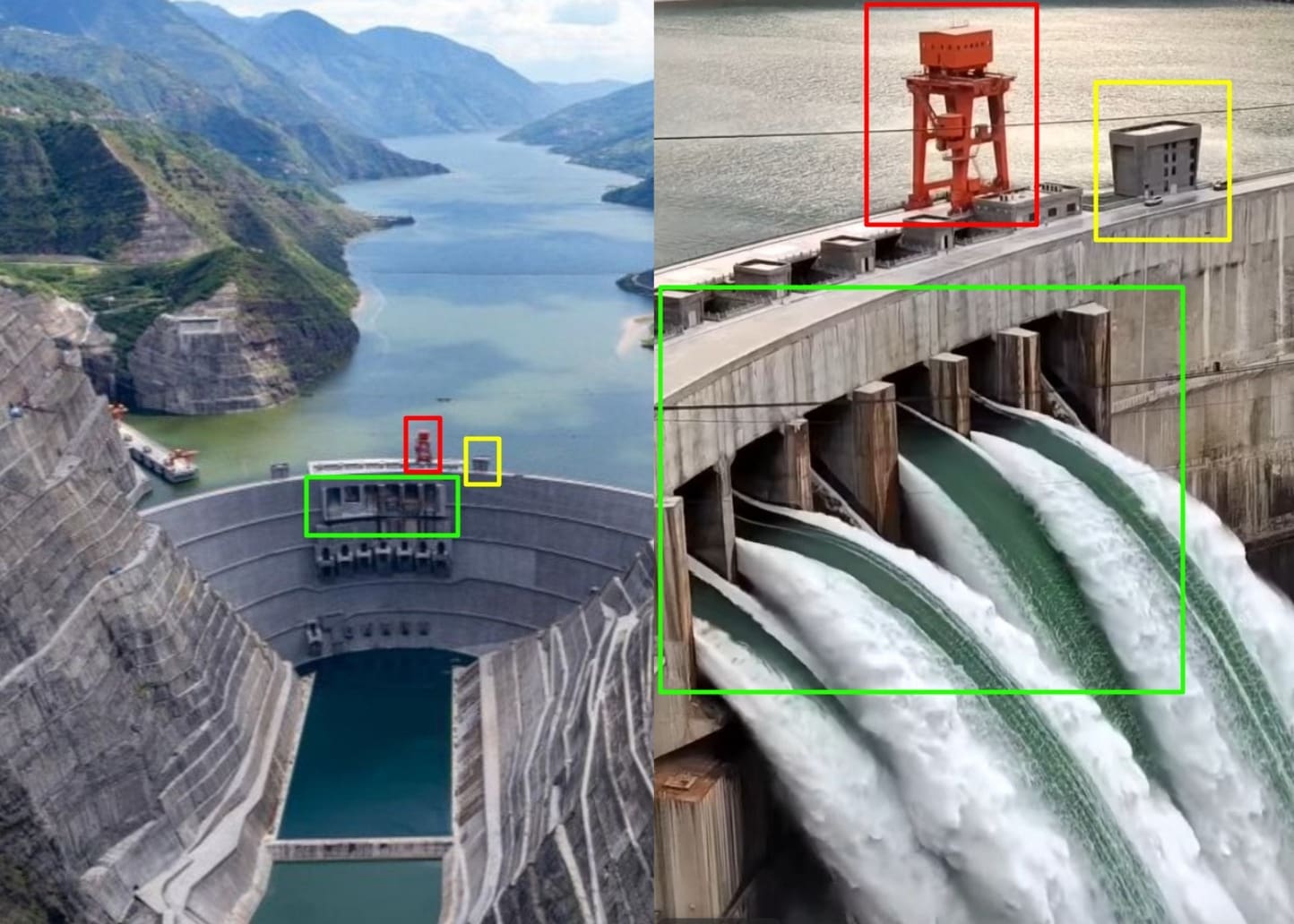 صورة لمطابقة لقطة ثابتة من النسخة الواضحة من المشهد (يمين)، مع الصورة التي نشرتها وزارة الخارجية الصينية (يسار) - السدود