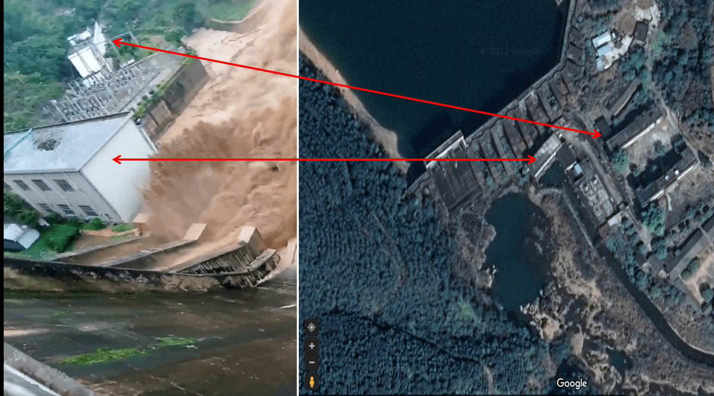 صورة مركبة تظهر مقارنة السد الظاهر في مقطع الادعاء مع سد Jintian كما تظهره صور الأقمار الصناعية - السدود