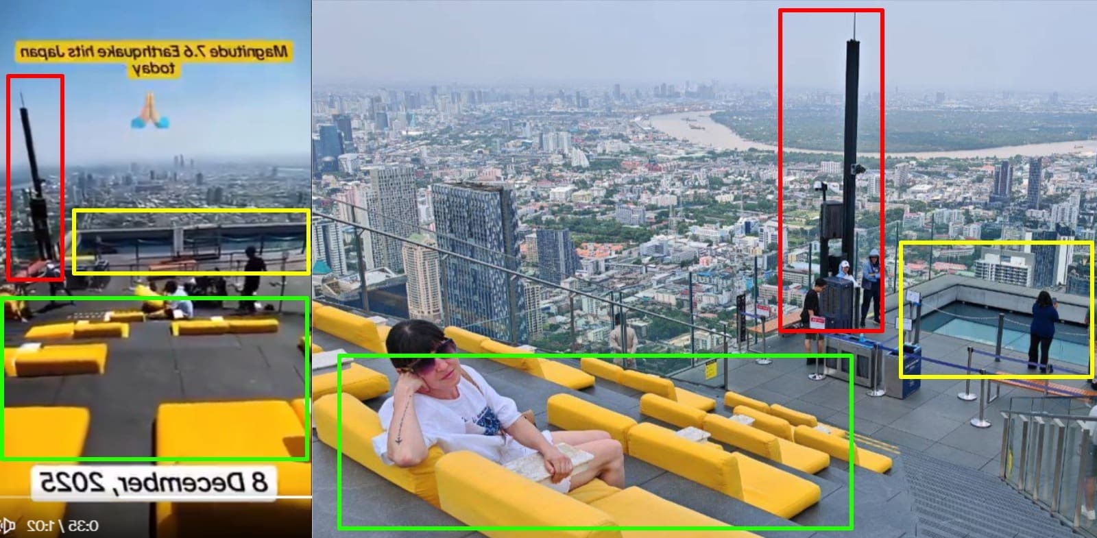 صورة لمطابقة الطابق الأخير من فندق ماهاناخون (يمين)، مع لقطة ثابتة من مقطع الادعاء (يسار) - زلزال