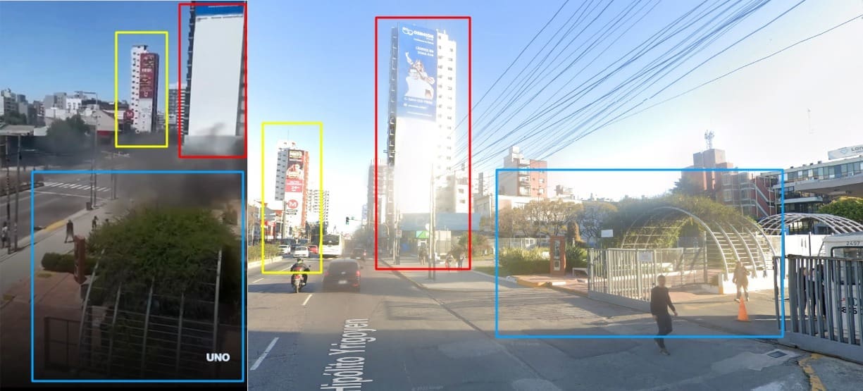 صورة لمطابقة لقطة شاشة من خرائط قوقل (يمين)، مع لقطة شاشة من مقطع الادعاء (يسار) - شجرة